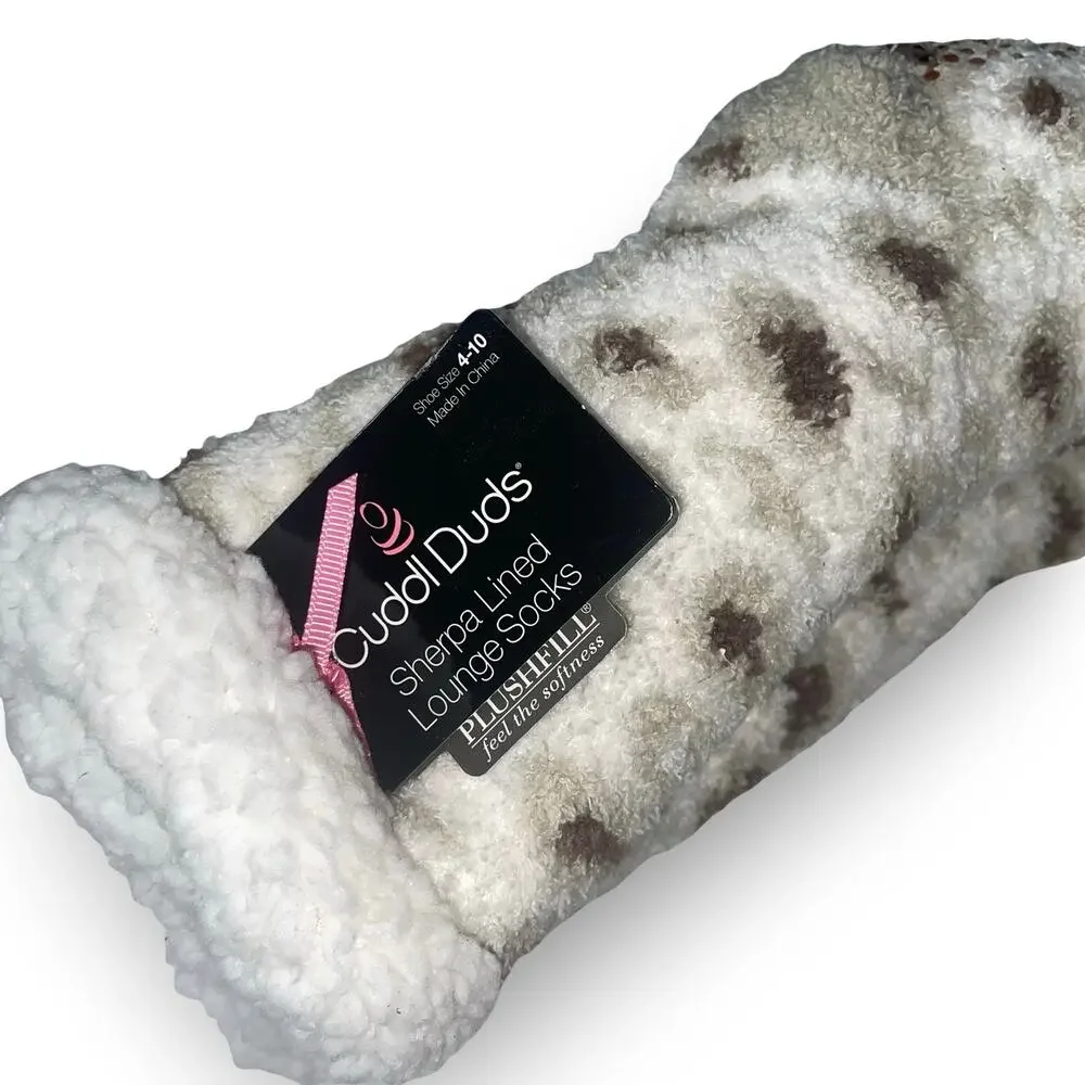 Cuddl Duds Sherpa Lined Lounge Socks Cream Brown Leopard Spot Slipper 4-10